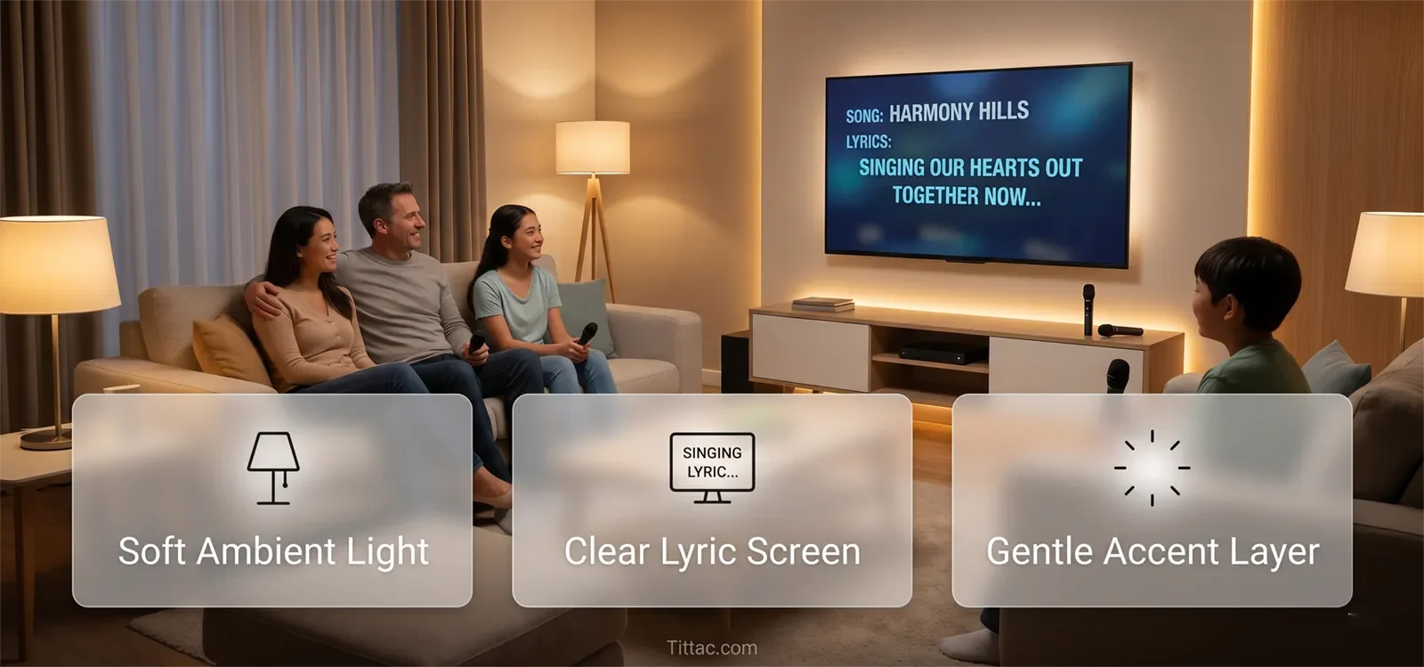 Karaoke room lighting layers showing ambient light, clear lyric screen, and subtle accent lighting.