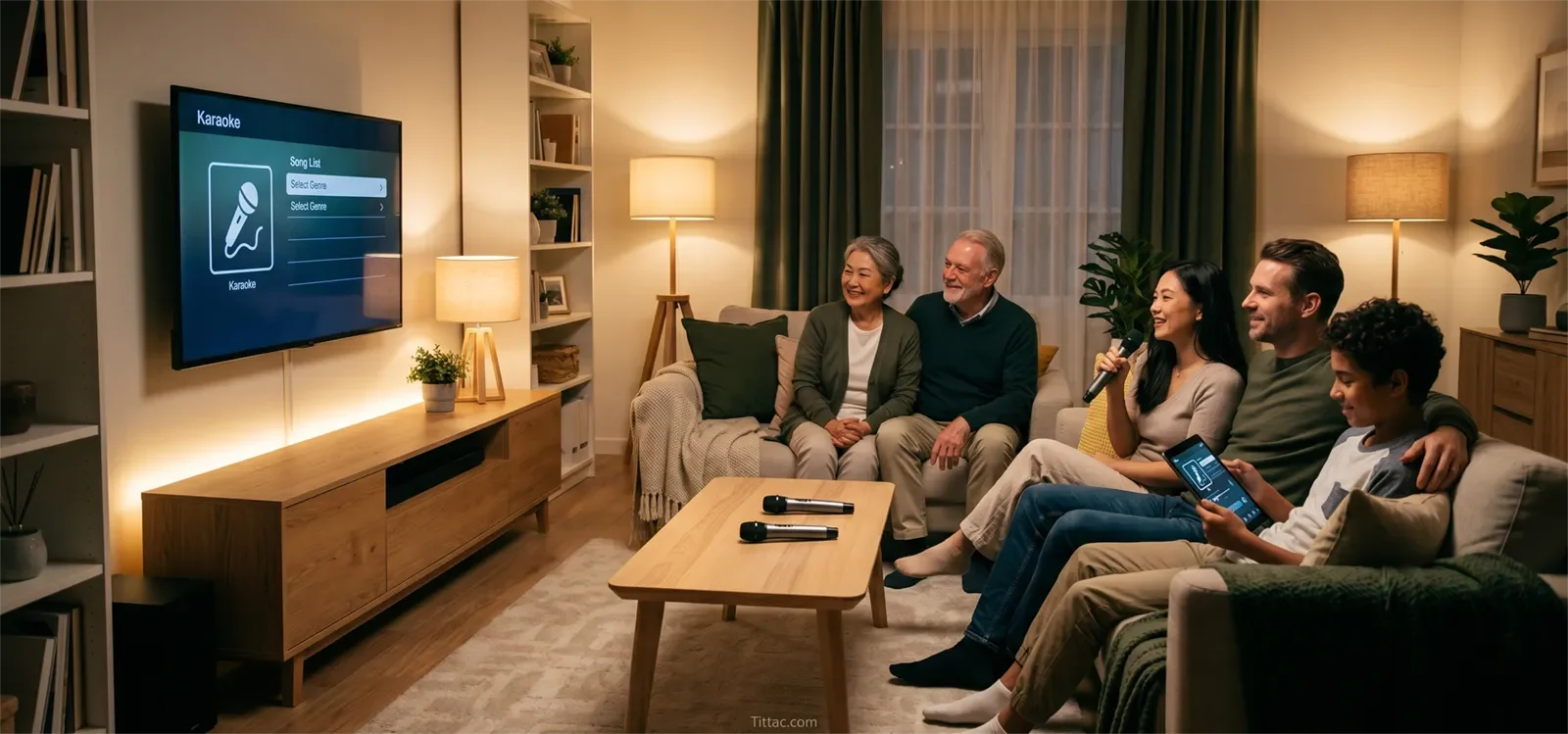 Warm home karaoke room lighting with soft ambient light and a clear lyric screen for family singing.