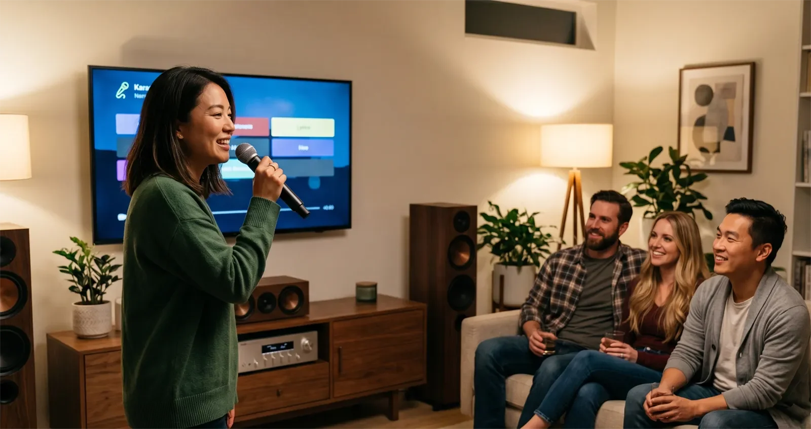People singing karaoke at home while the speakers fill the room with clear and comfortable sound.