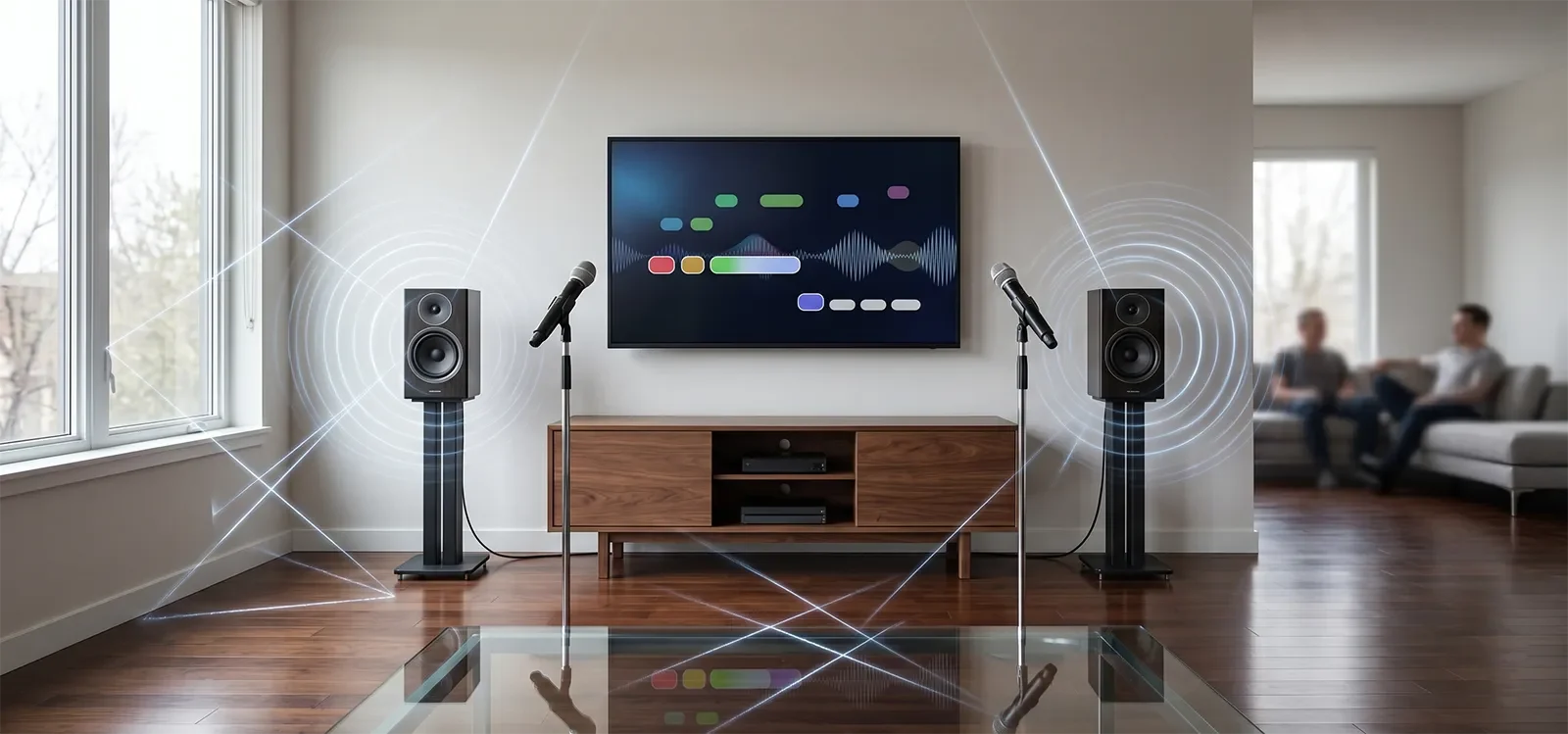 Phản xạ âm trong phòng karaoke gia đình cho thấy bề mặt cứng có thể làm vocal và loa nghe sắc hơn.