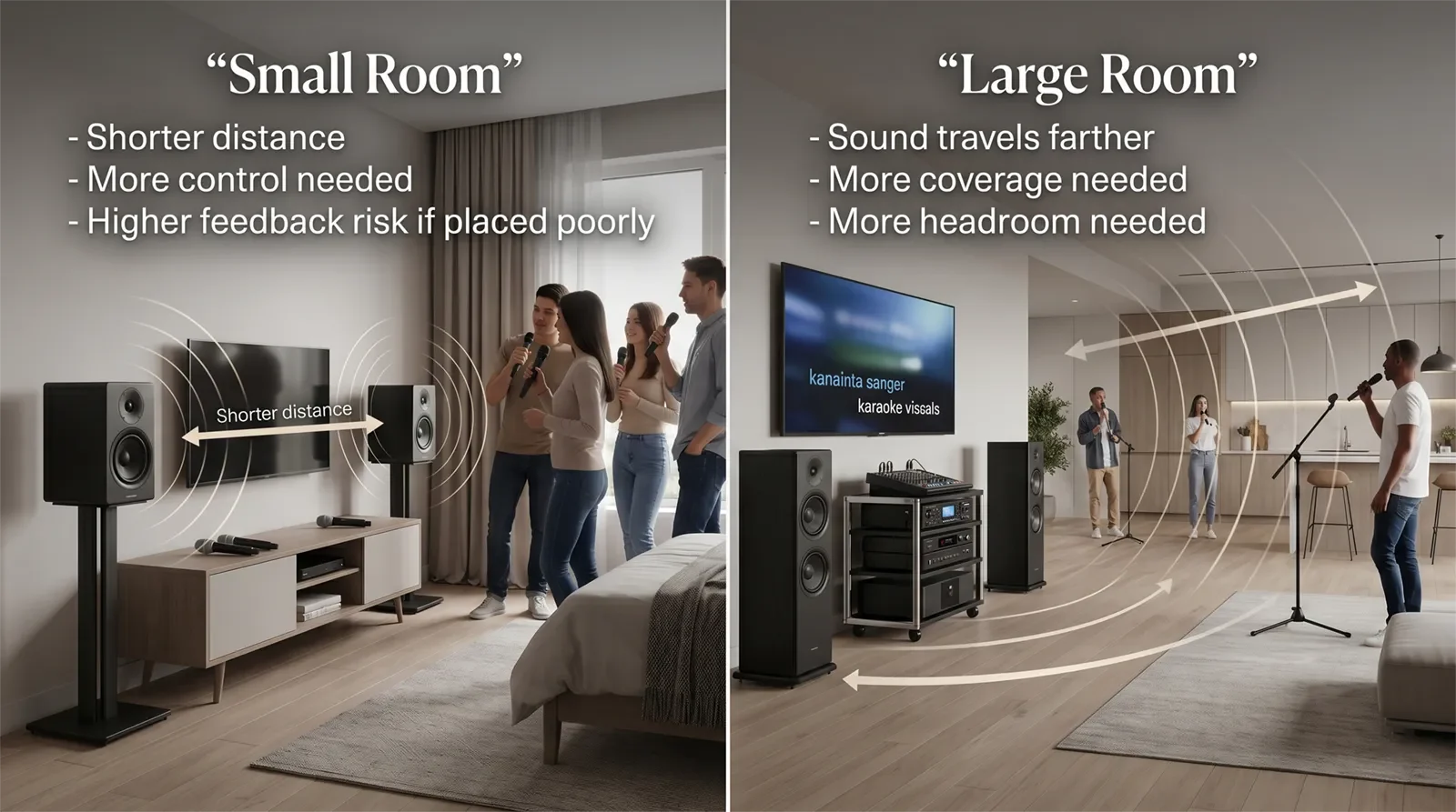 Image showing how room size changes karaoke system coverage and headroom needs