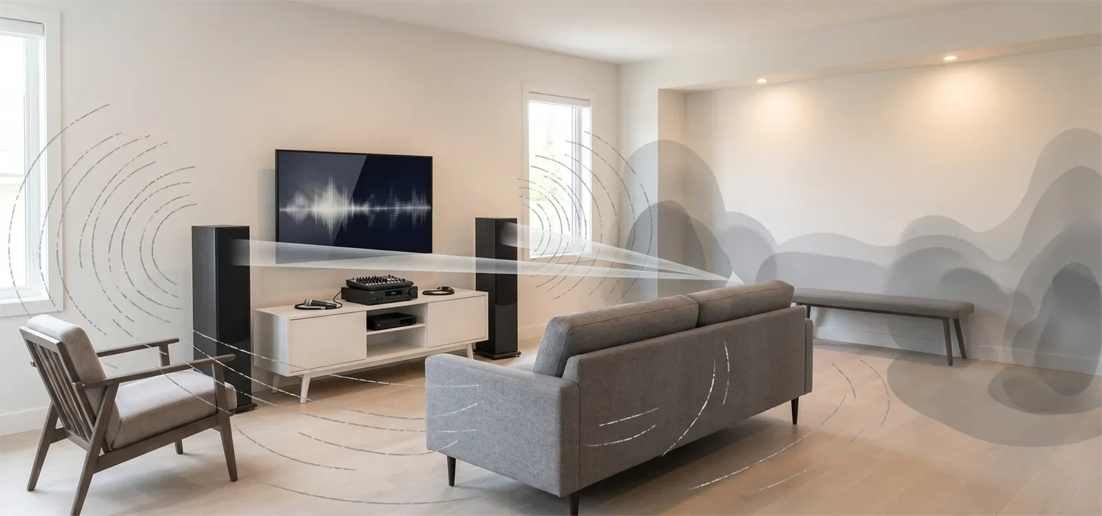 Visual concept of different karaoke seating positions receiving different blends of direct sound, reflected sound, and bass buildup.