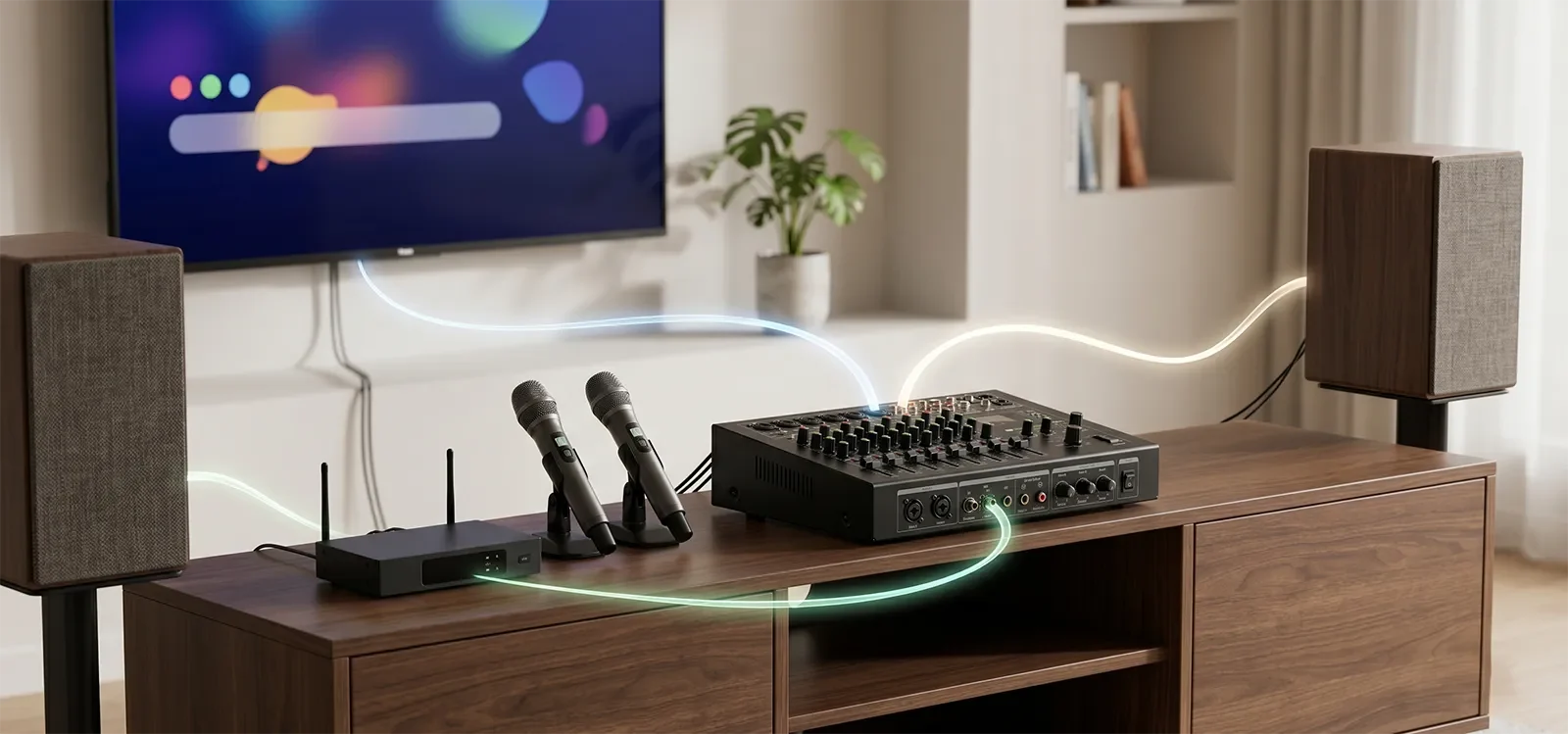 Đường đi tín hiệu karaoke từ TV và đầu thu micro qua mixer hoặc ampli rồi ra loa.