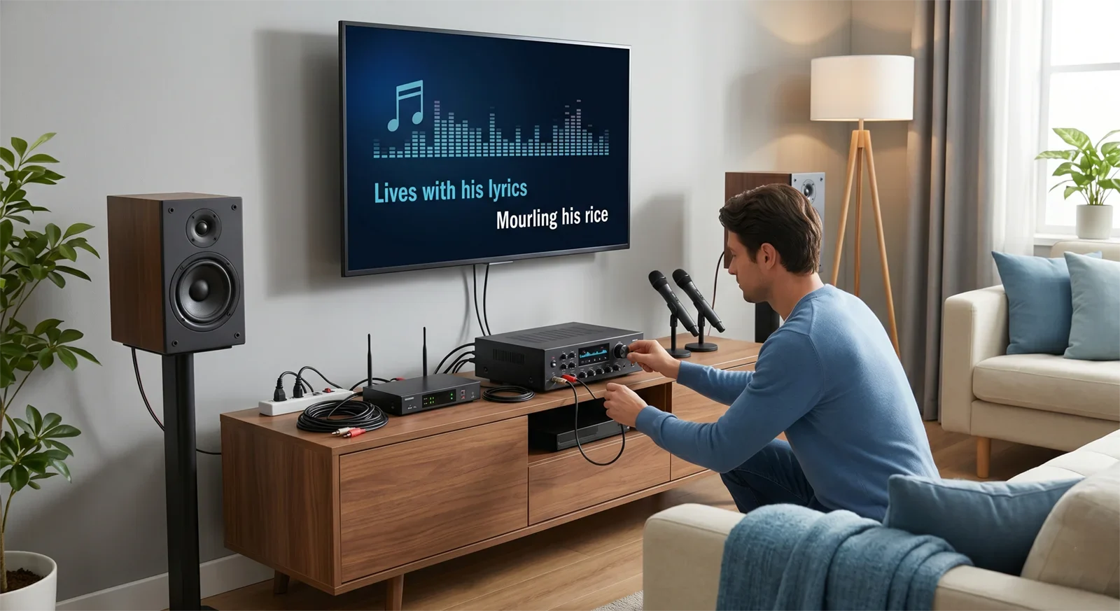Đường tín hiệu karaoke gia đình đang được kiểm tra với TV, bộ karaoke, receiver micro không dây, micro và loa được gom về một trung tâm âm thanh rõ ràng.