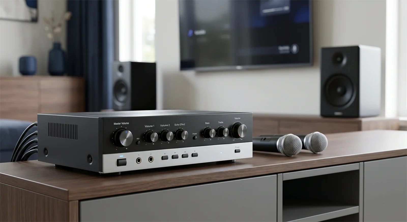 Karaoke mixing amplifier and speakers showing the importance of matching speaker size with the right amplifier control.