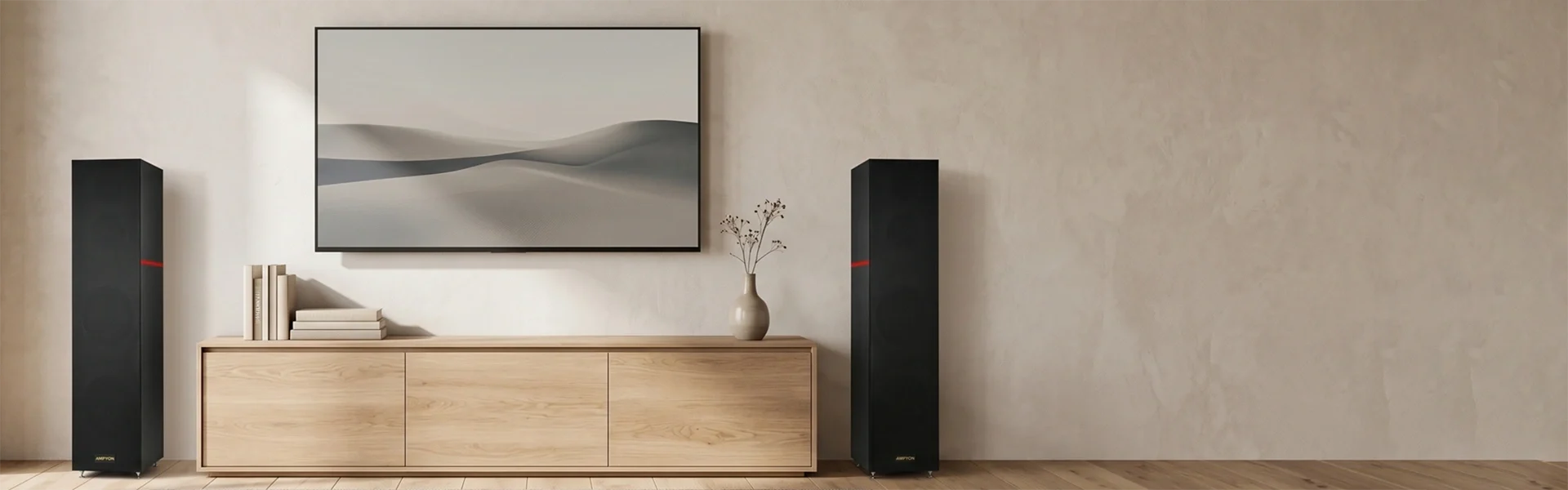 Premium karaoke speakers placed beside a modern media cabinet in a living room