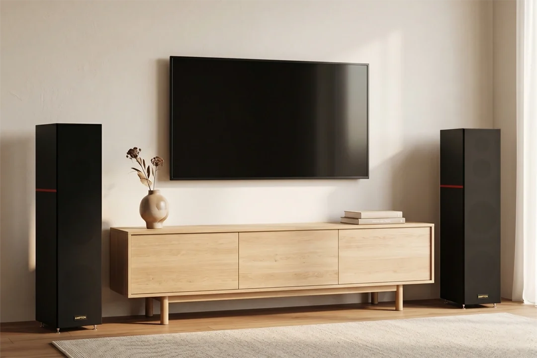 Premium karaoke speakers placed beside a modern media cabinet in a living room