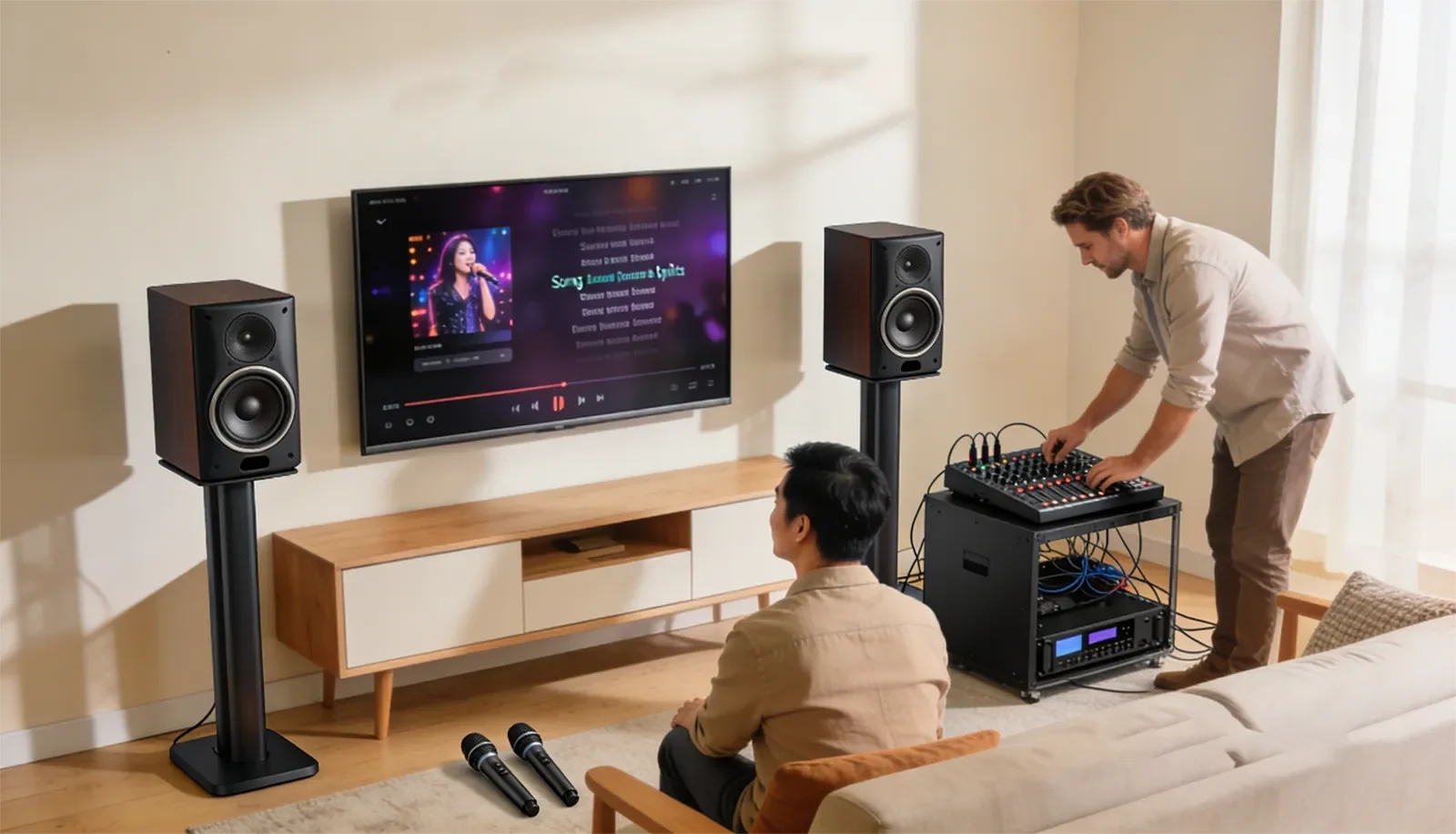 Setup karaoke tại nhà khi một bên loa nghe lớn hơn bên còn lại và người dùng đang kiểm tra balance, dây tín hiệu, amply và vị trí loa.