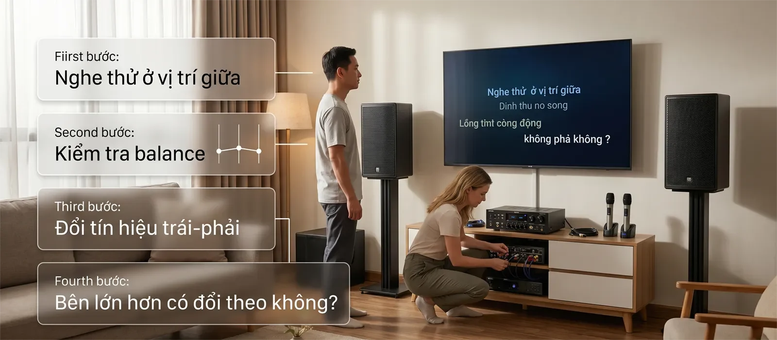 Minh họa cách kiểm tra loa karaoke lệch âm lượng bằng cách đứng ở giữa, kiểm tra balance, đổi tín hiệu trái phải và xem bên lớn hơn có đổi theo hay không.