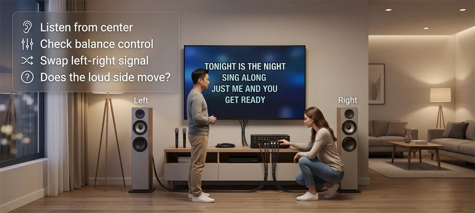 Karaoke speaker imbalance test showing listening from the center, checking balance control, swapping left-right signal, and seeing whether the loud side moves.