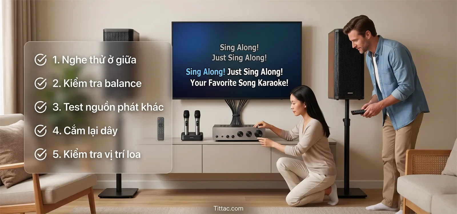 Checklist xử lý dàn karaoke khi một loa nghe lớn hơn loa còn lại gồm nghe ở giữa, kiểm tra balance, thử nguồn phát khác, cắm lại dây và kiểm tra vị trí loa.