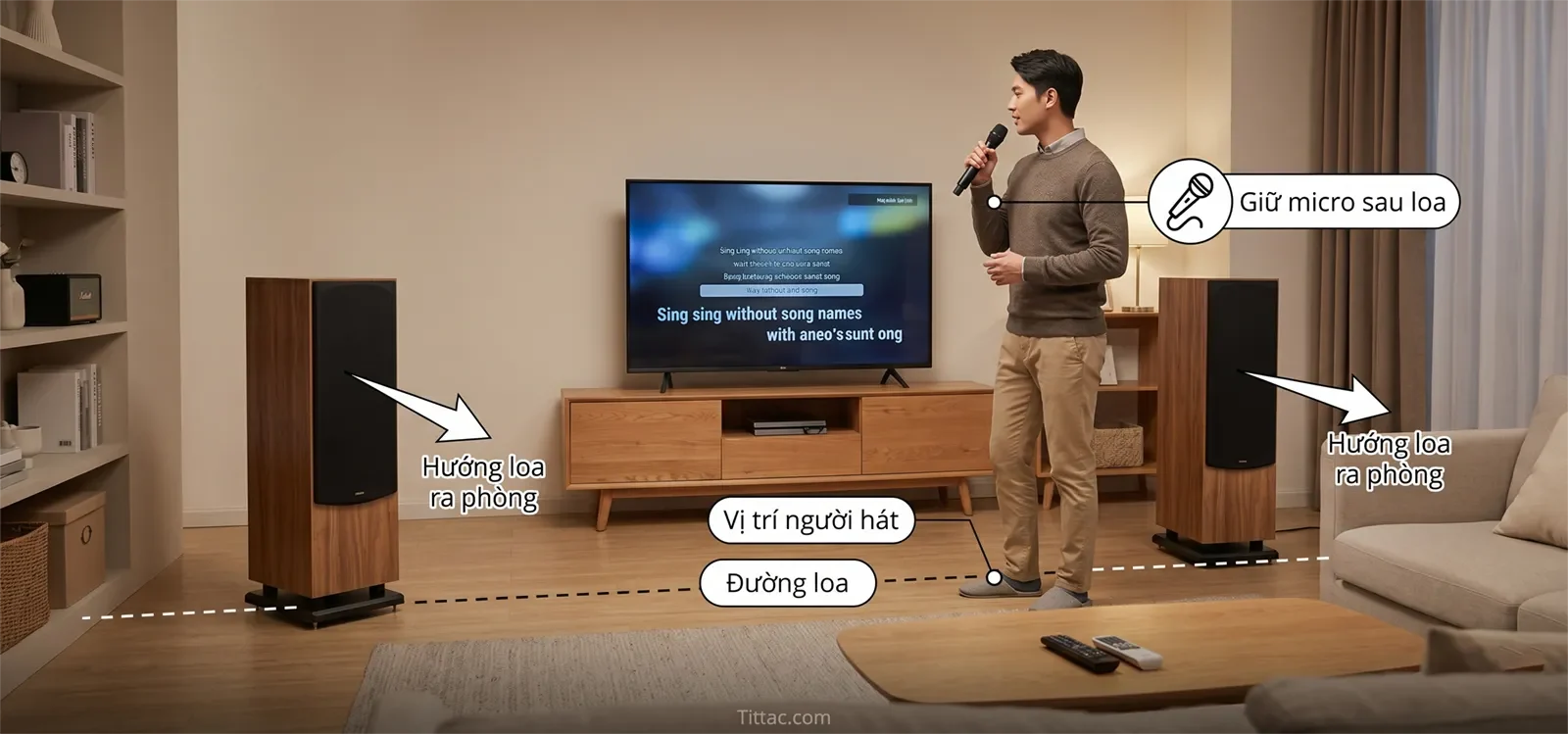 Minh họa vị trí loa karaoke và vị trí người hát, cho thấy loa đặt phía trước và người hát đứng sau đường loa để giảm hú micro.