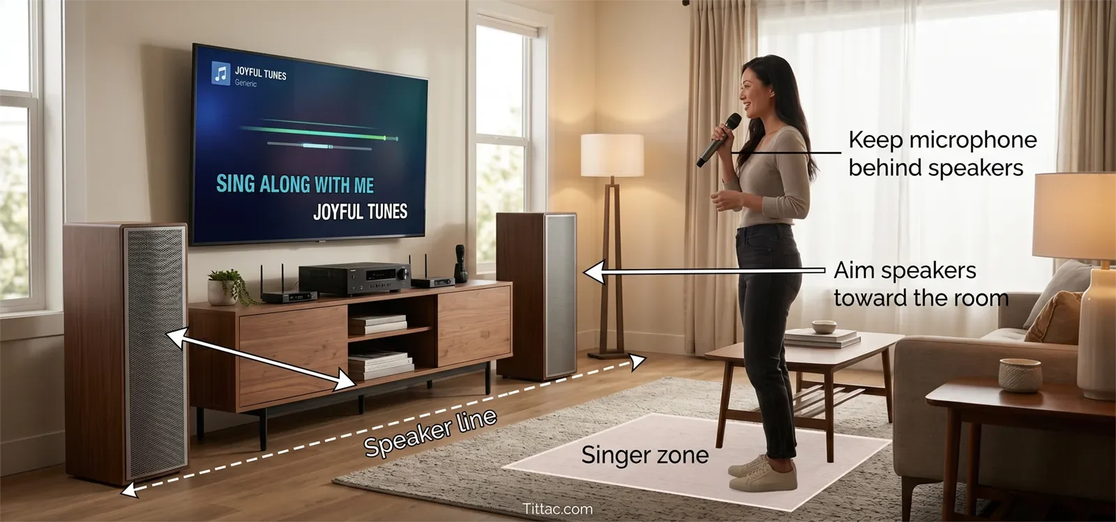 Diagram-style home karaoke setup showing the speaker line, singer zone, and speakers aimed toward the room instead of the microphone.