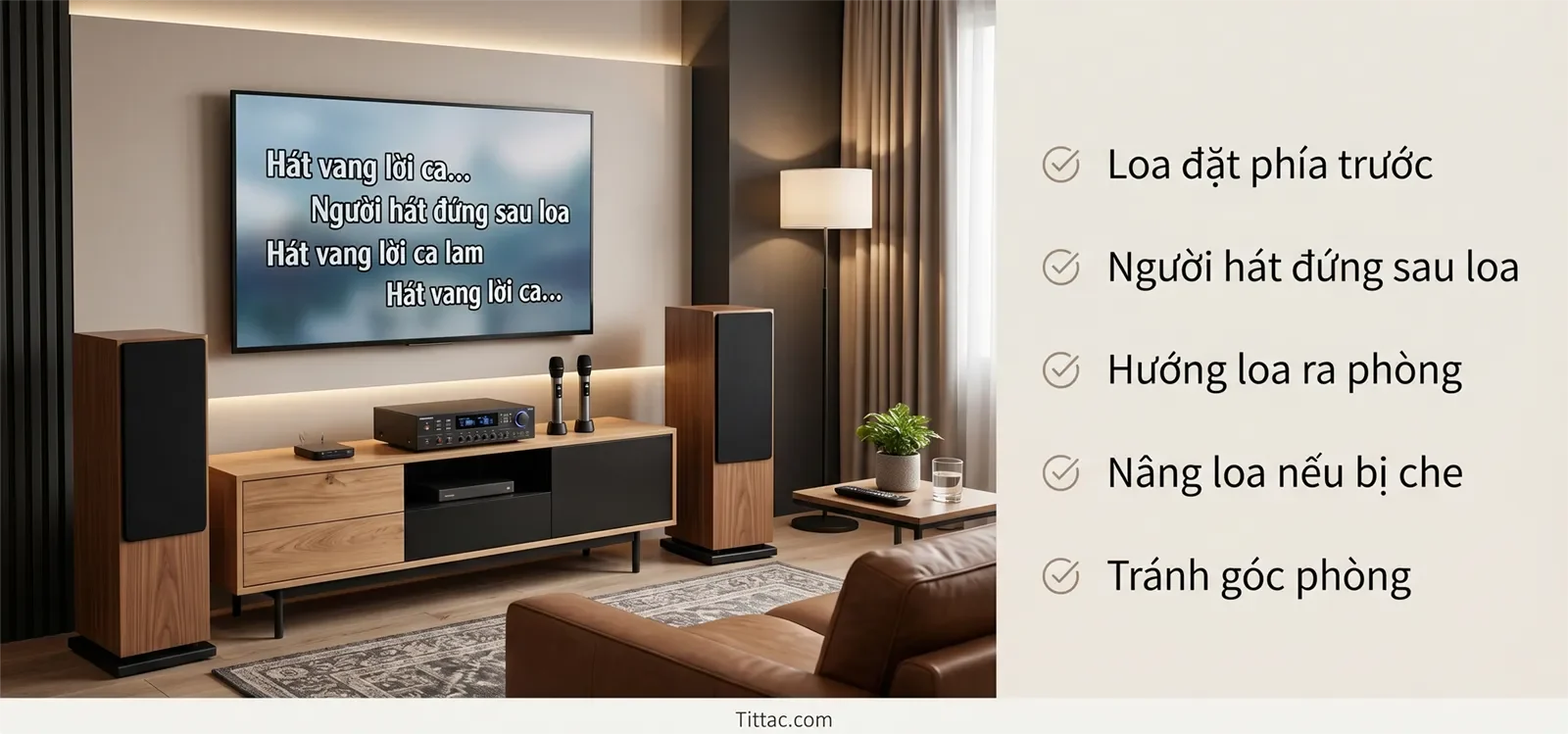 Checklist đặt loa karaoke gồm loa ở phía trước, người hát đứng sau loa, hướng loa ra phòng, nâng loa nếu bị che và tránh đặt sát góc phòng.