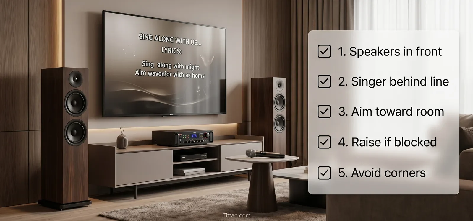 Karaoke speaker placement checklist showing speakers in front, singer behind the line, speakers aimed toward the room, raised placement, and avoiding corners.