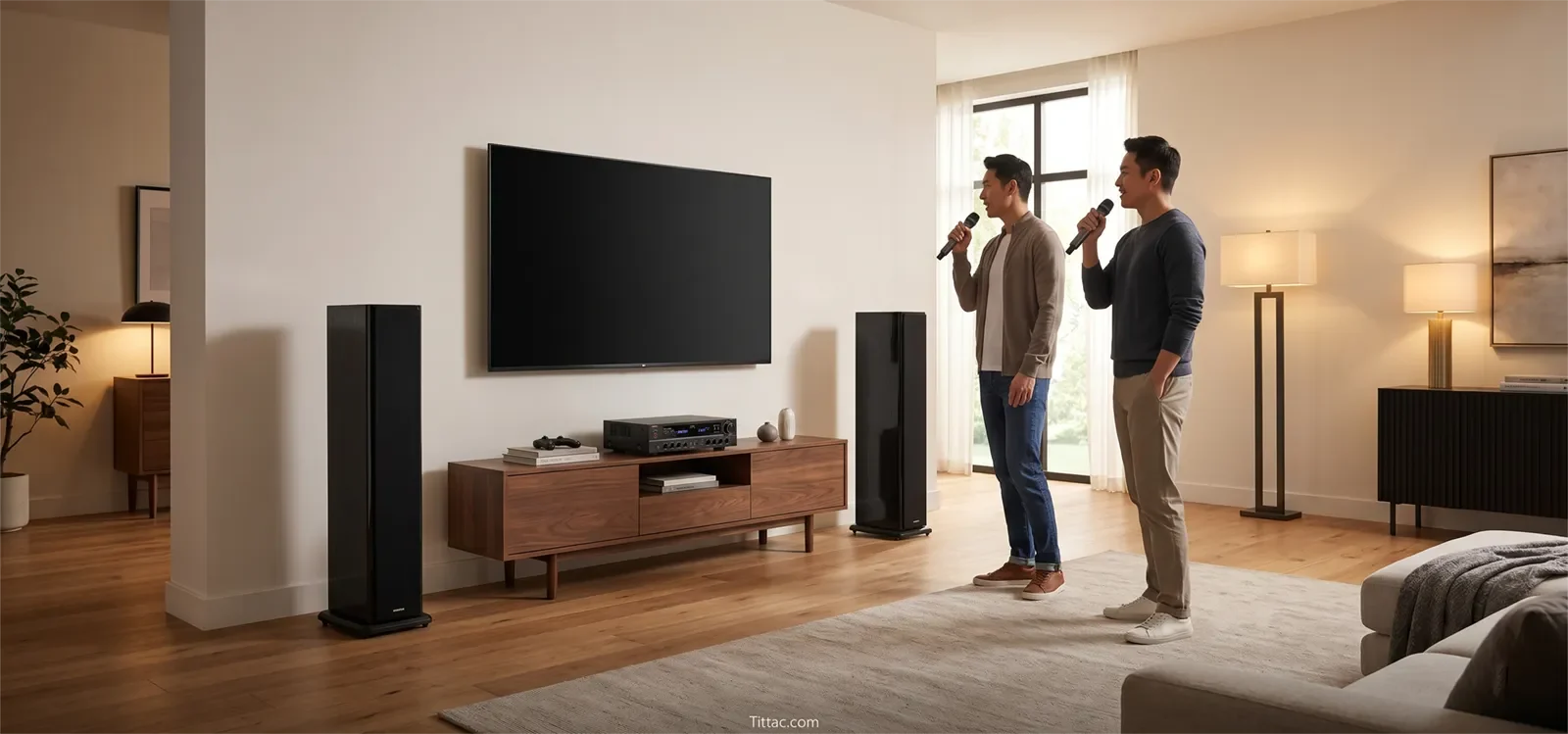 Bố trí loa karaoke gia đình với loa đặt phía trước người hát, TV ở trung tâm và micro nằm sau đường loa.