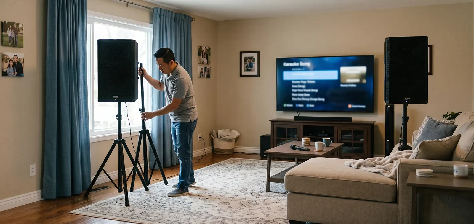 Người chỉnh vị trí loa karaoke trong phòng khách để cải thiện âm học phòng
