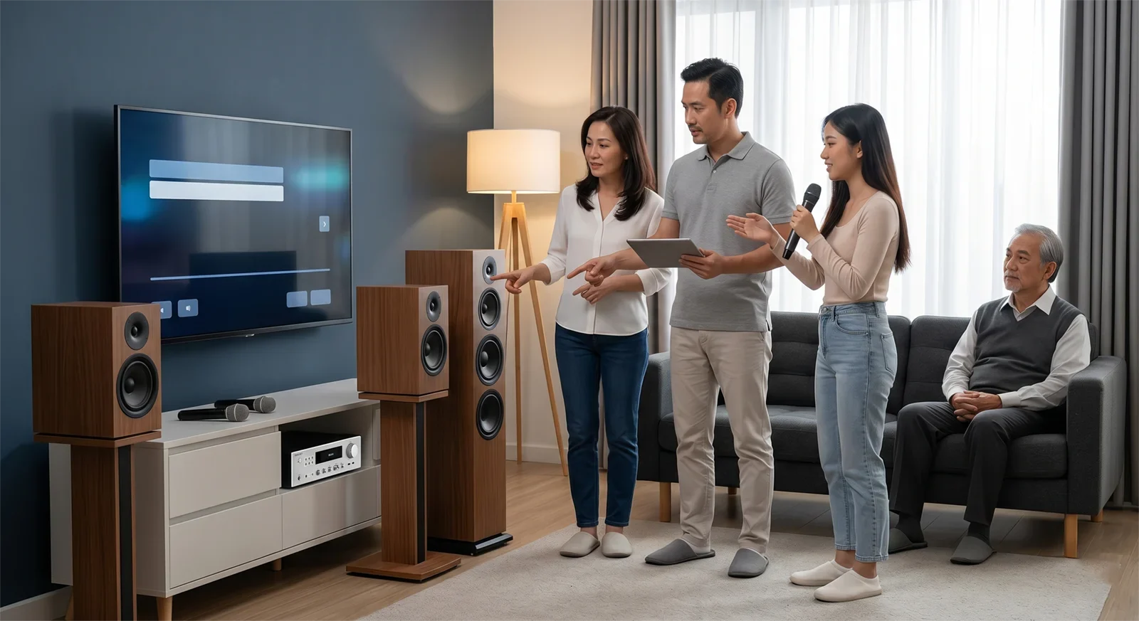 Vietnamese-American family comparing different karaoke speaker sizes in a modern living room before choosing a home karaoke system.