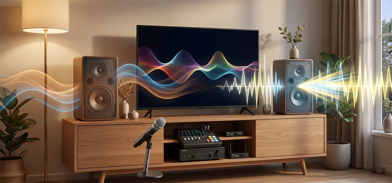 Visual concept of karaoke speaker voicing showing smooth, bright, forward, and comfortable tonal character.