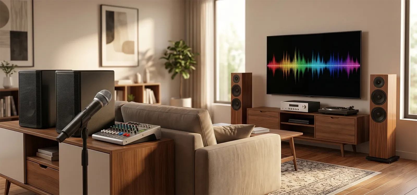 Loa karaoke và loa nghe nhạc được so sánh trong phòng giải trí gia đình hiện đại.