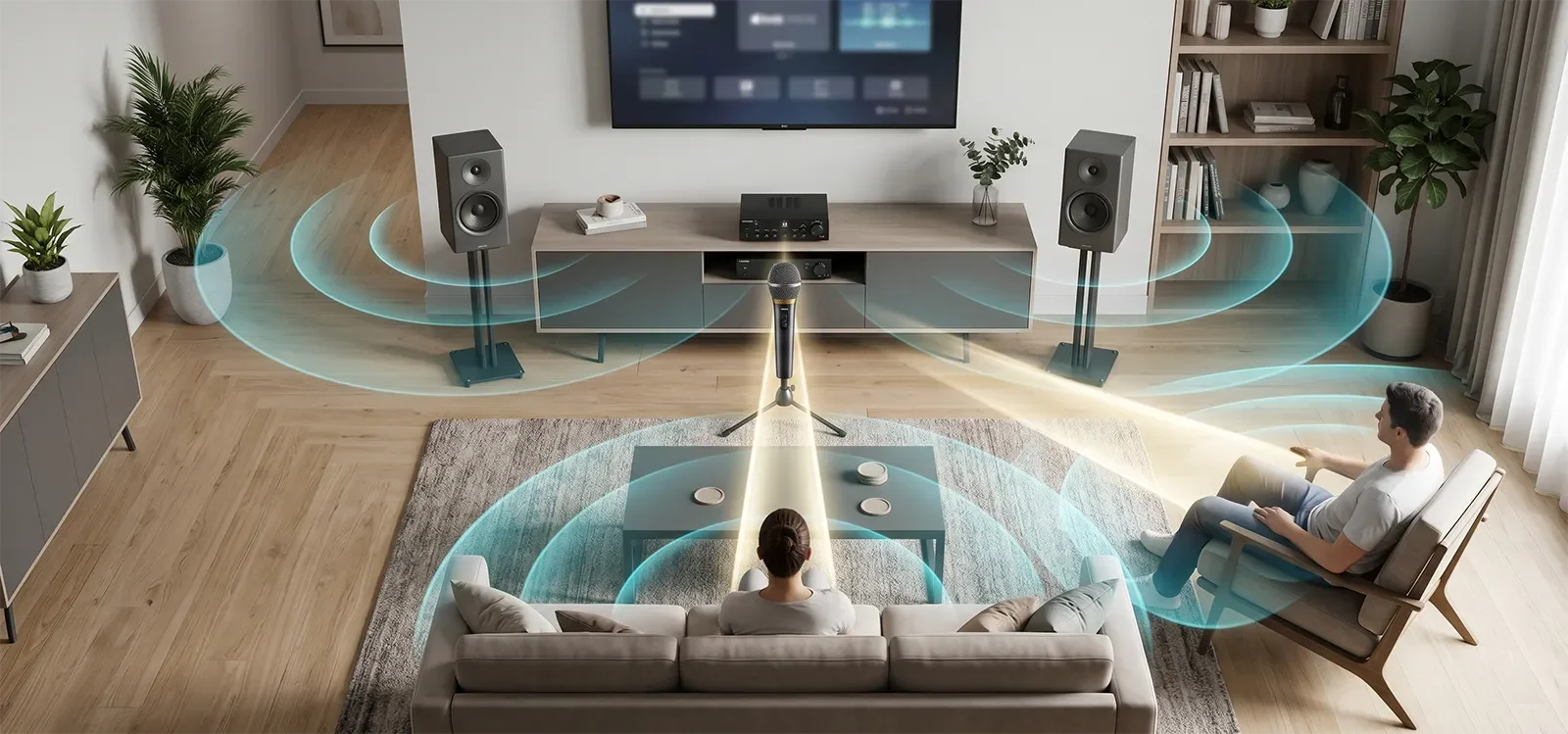 Visual concept of stereo width and phantom center stability in home karaoke.