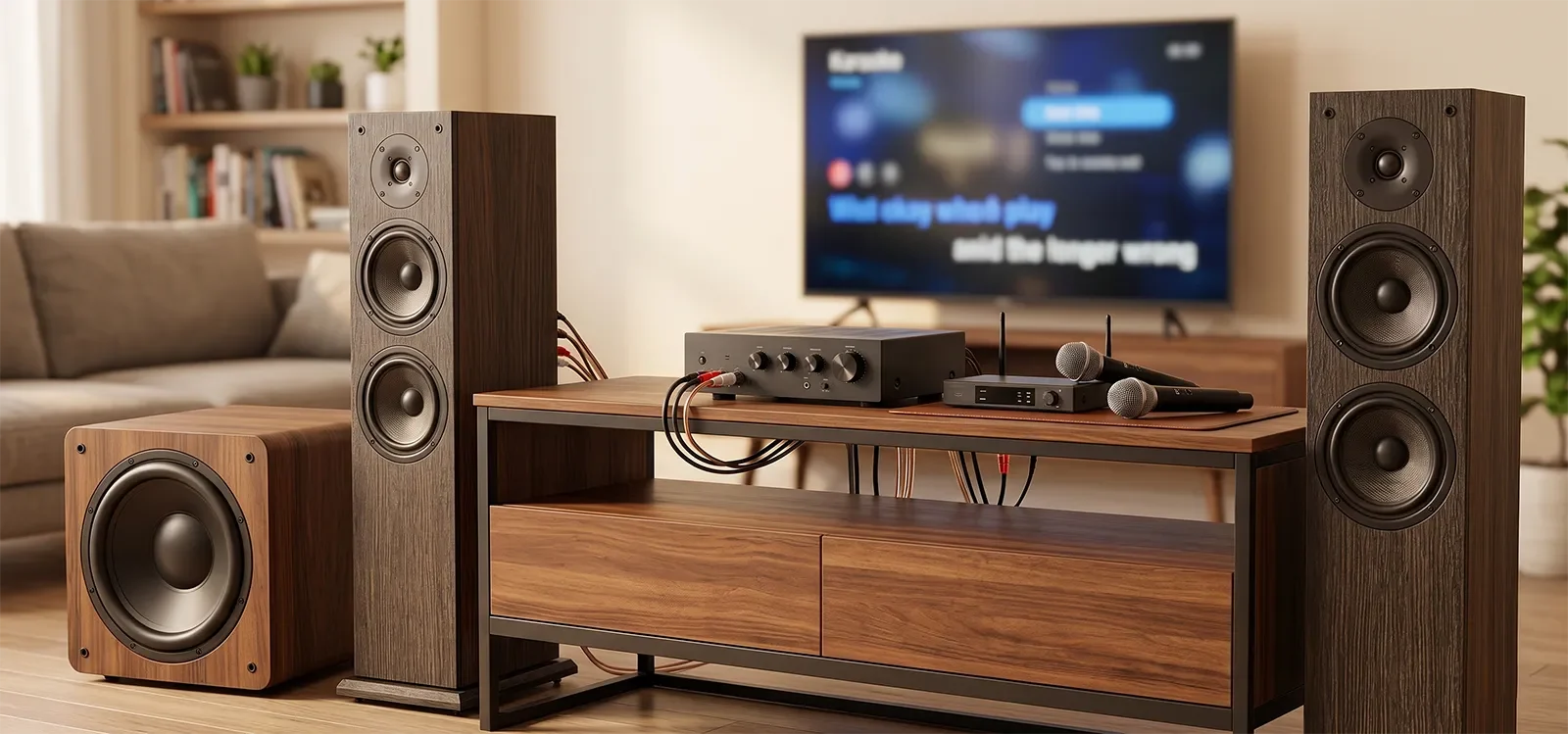 Loa sub và loa chính trong dàn karaoke gia đình được bố trí cùng ampli