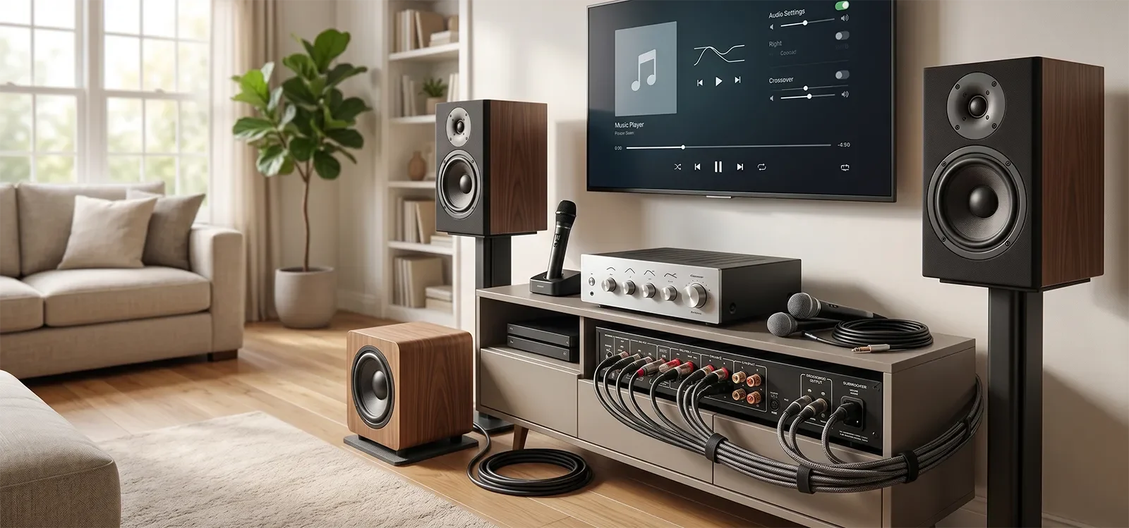 Dàn karaoke gia đình với loa chính, subwoofer và micro trong phòng khách hiện đại.