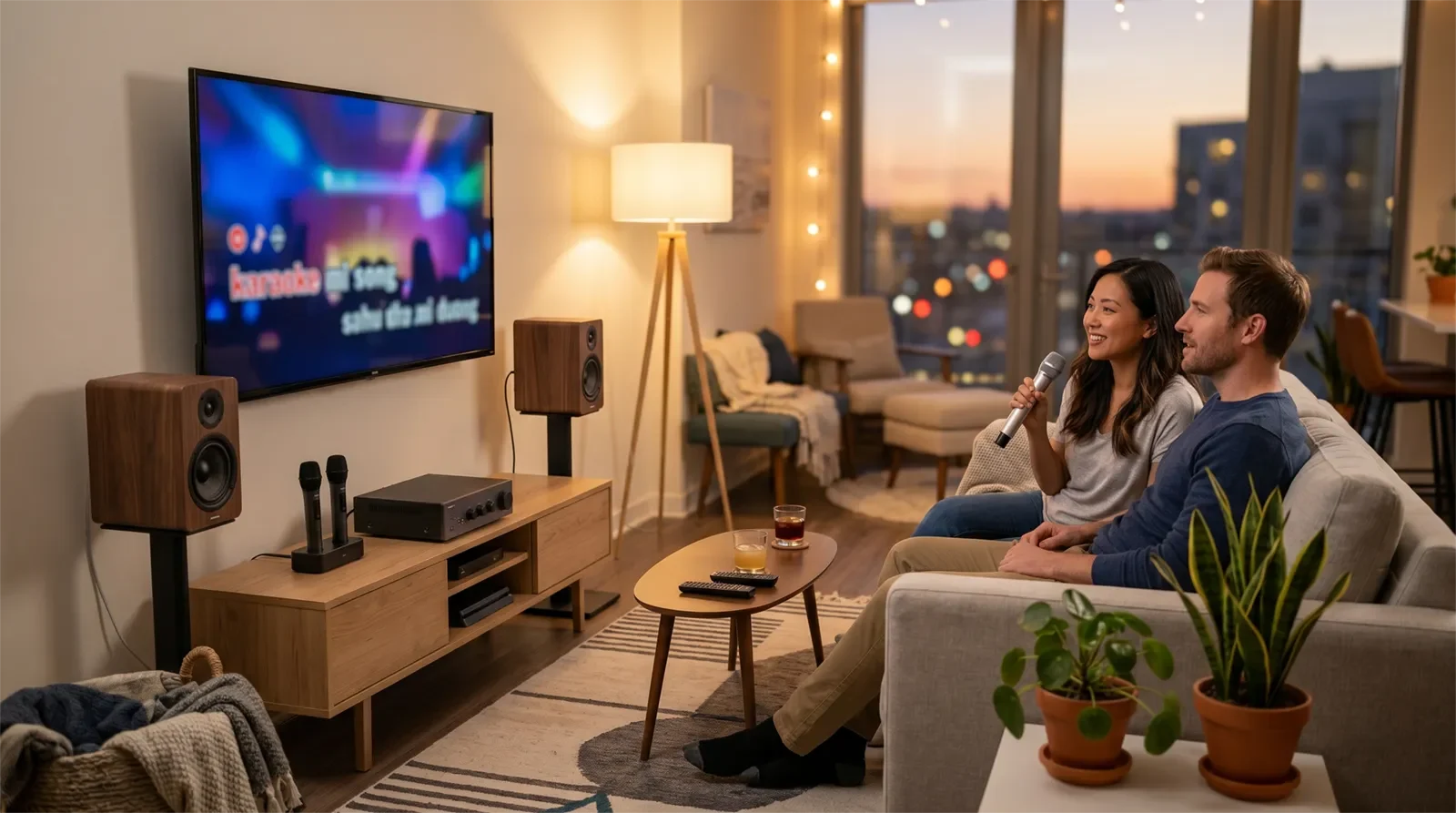 Dàn karaoke gọn cho condo và nhà nhỏ với TV, loa, micro không dây và mixer