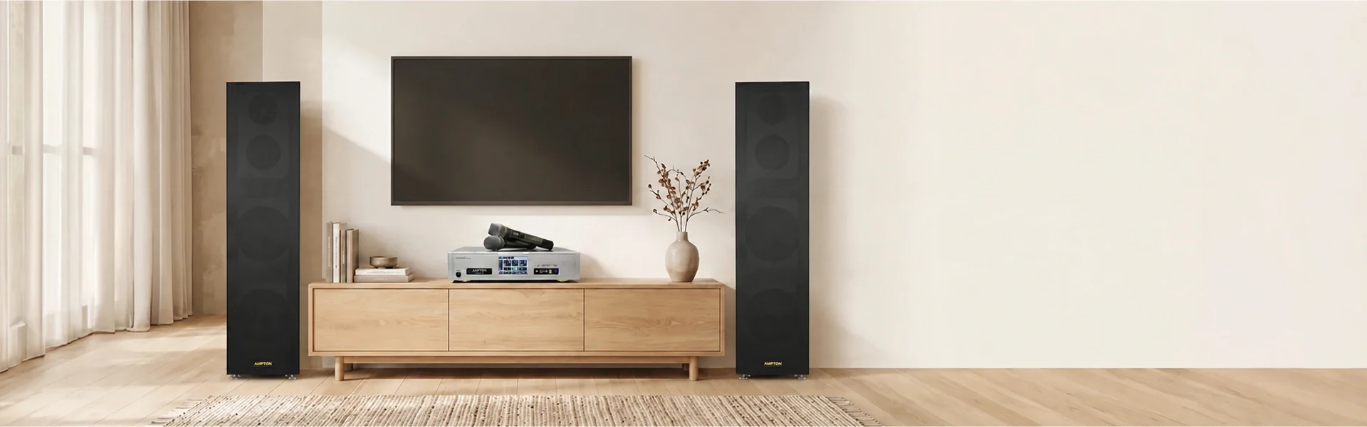 Dàn karaoke trọn bộ với loa đứng, amply karaoke và micro không dây trong phòng khách hiện đại