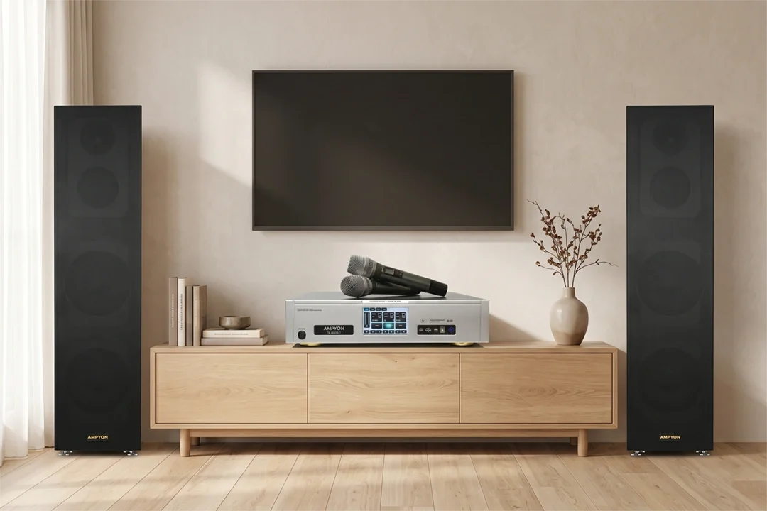 Dàn karaoke trọn bộ với loa đứng, amply karaoke và micro không dây trong phòng khách hiện đại