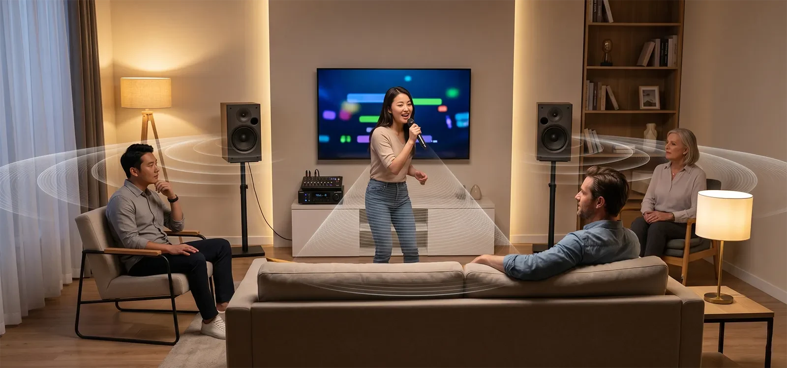 People singing karaoke at home while judging whether stereo width keeps vocals centered and easy to follow.