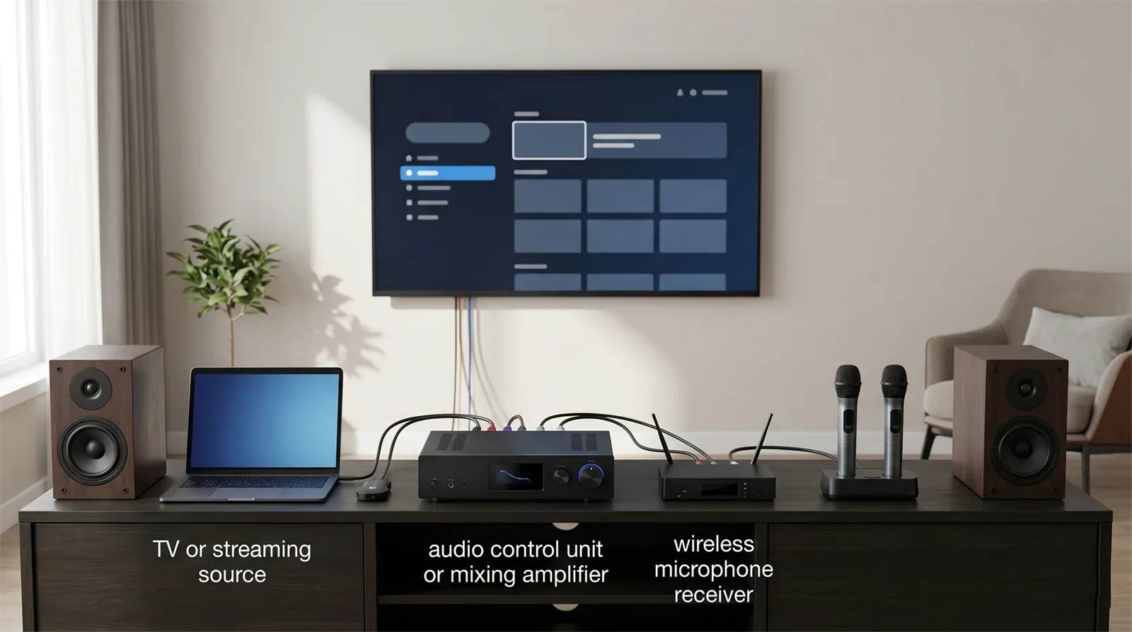 Clean home karaoke troubleshooting layout showing TV source, audio control unit, microphone, and speakers as one signal path.