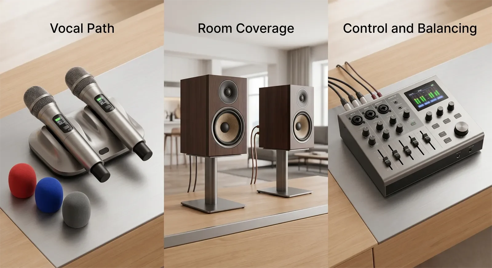 Các hướng nâng cấp dàn karaoke gồm micro, loa và phần xử lý điều khiển âm thanh