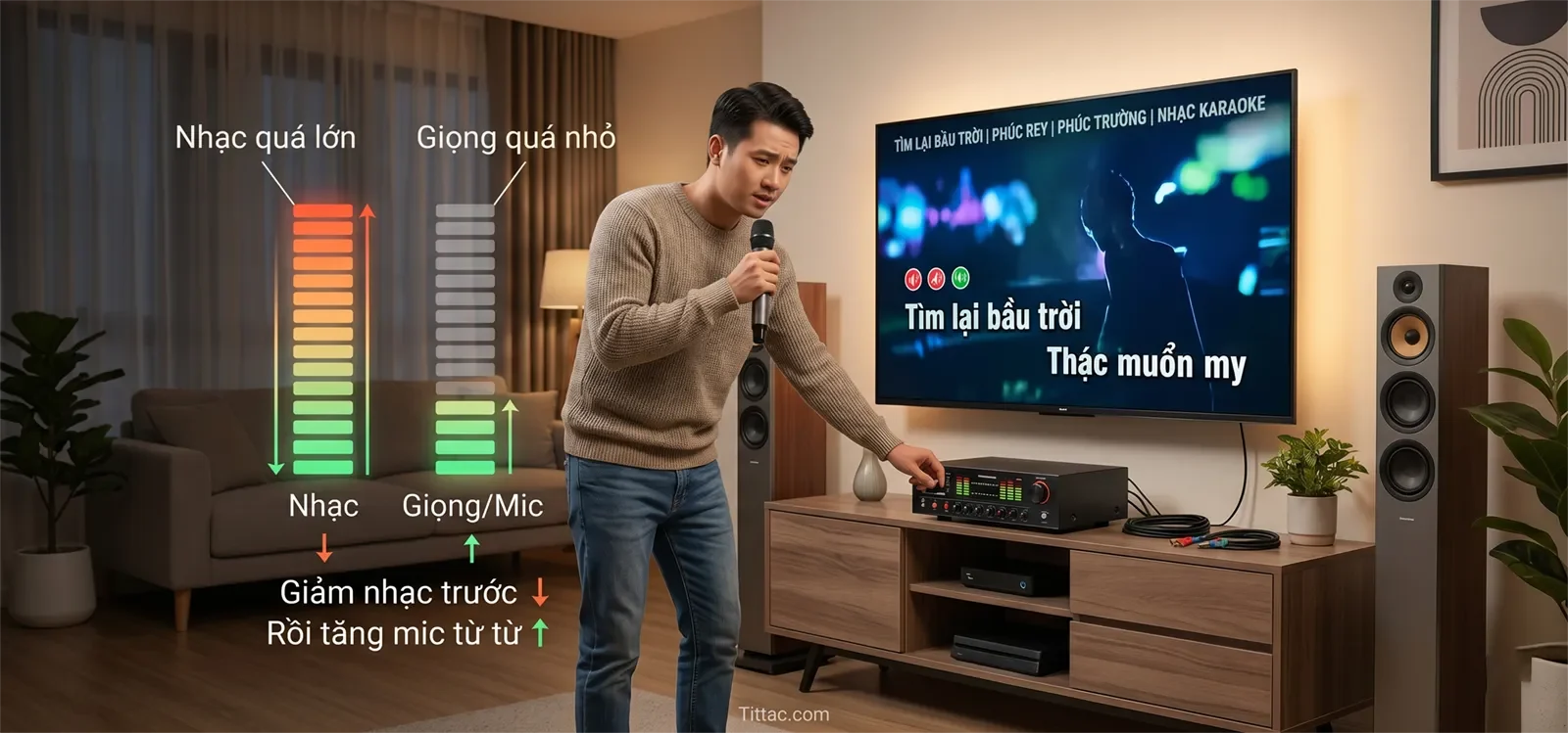 Minh họa cân bằng karaoke cho thấy nhạc quá lớn, giọng quá nhỏ, nên giảm nhạc trước rồi tăng mic từ từ.