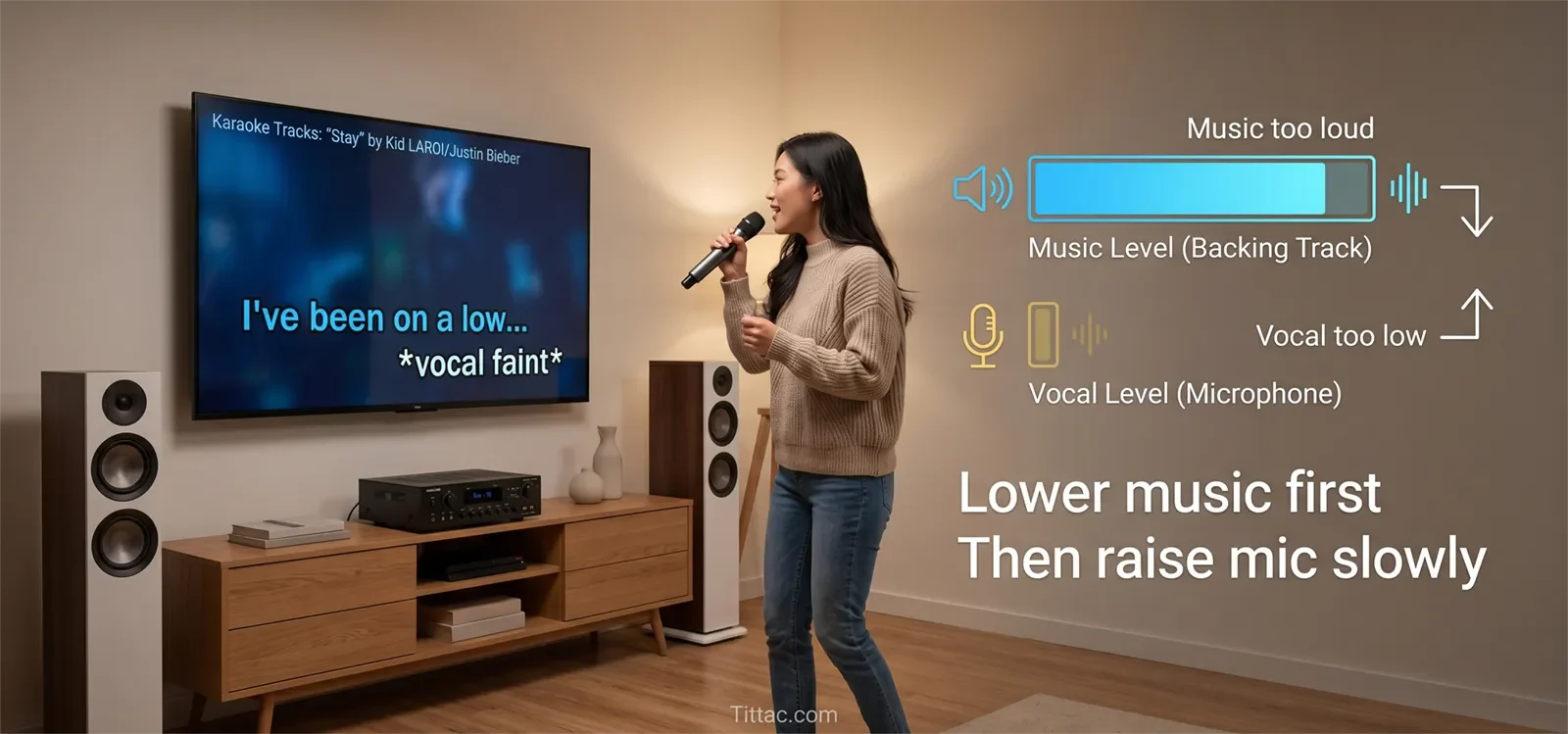 Karaoke vocal balance illustration showing music too loud, vocal too low, lower music first, then raise mic slowly.