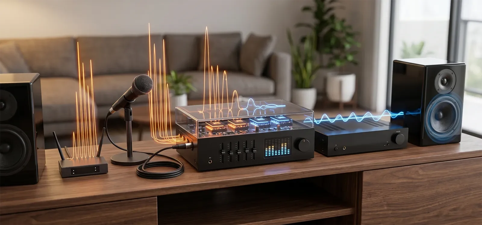 Minh họa kiểm soát độ động của giọng hát karaoke bằng compression và limiting trong hệ thống âm thanh gia đình.