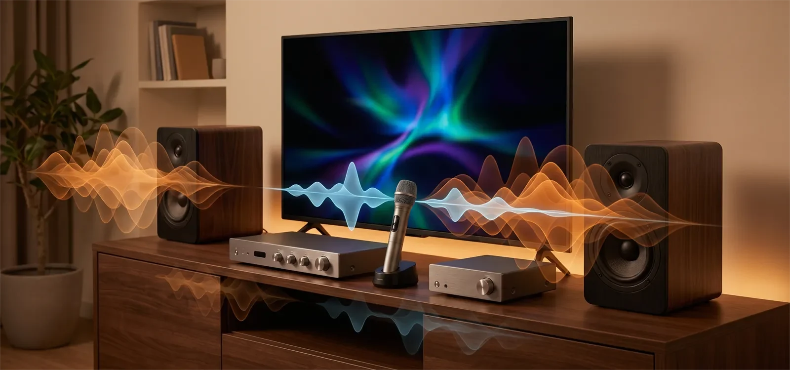 Minh họa masking trong karaoke khi giọng hát bị nhạc nền và phản xạ phòng che lấp.
