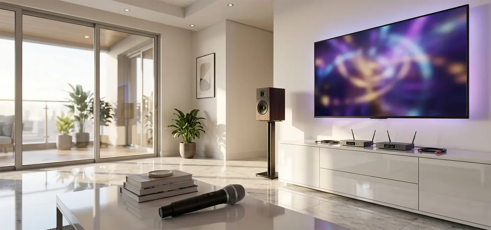 Home karaoke speaker near reflective room surfaces such as glass, bare walls, flooring, and a glossy TV cabinet