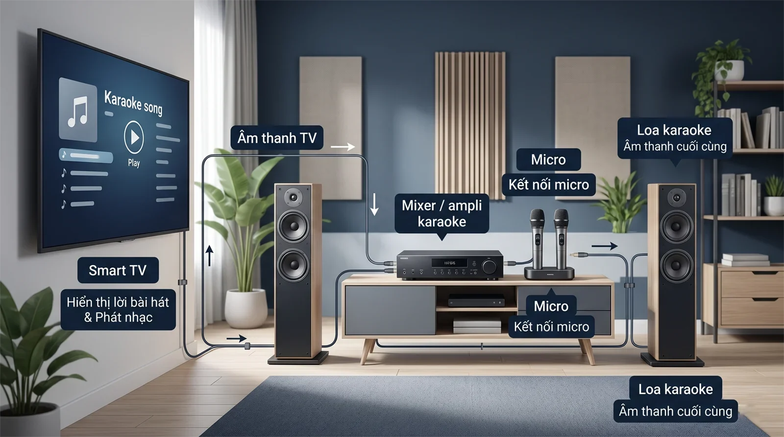 Sơ đồ kết nối smart TV với dàn karaoke, micro và loa qua một đường âm thanh rõ ràng.