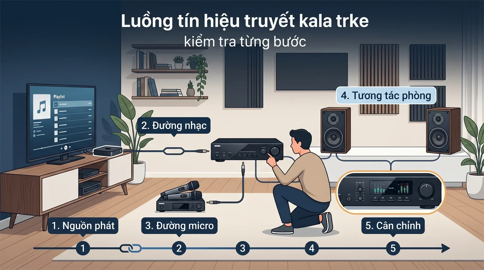 Sơ đồ kiểm tra luồng tín hiệu karaoke tại nhà từ nguồn phát, thiết bị âm thanh, micro đến loa.