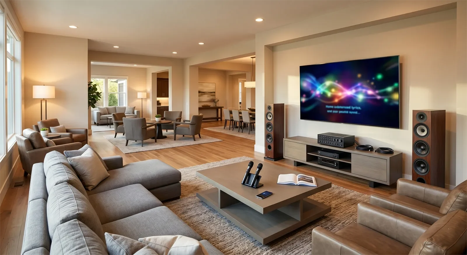 Dàn karaoke trong phòng khách lớn được bố trí để phủ âm đều nhiều khu vực ngồi