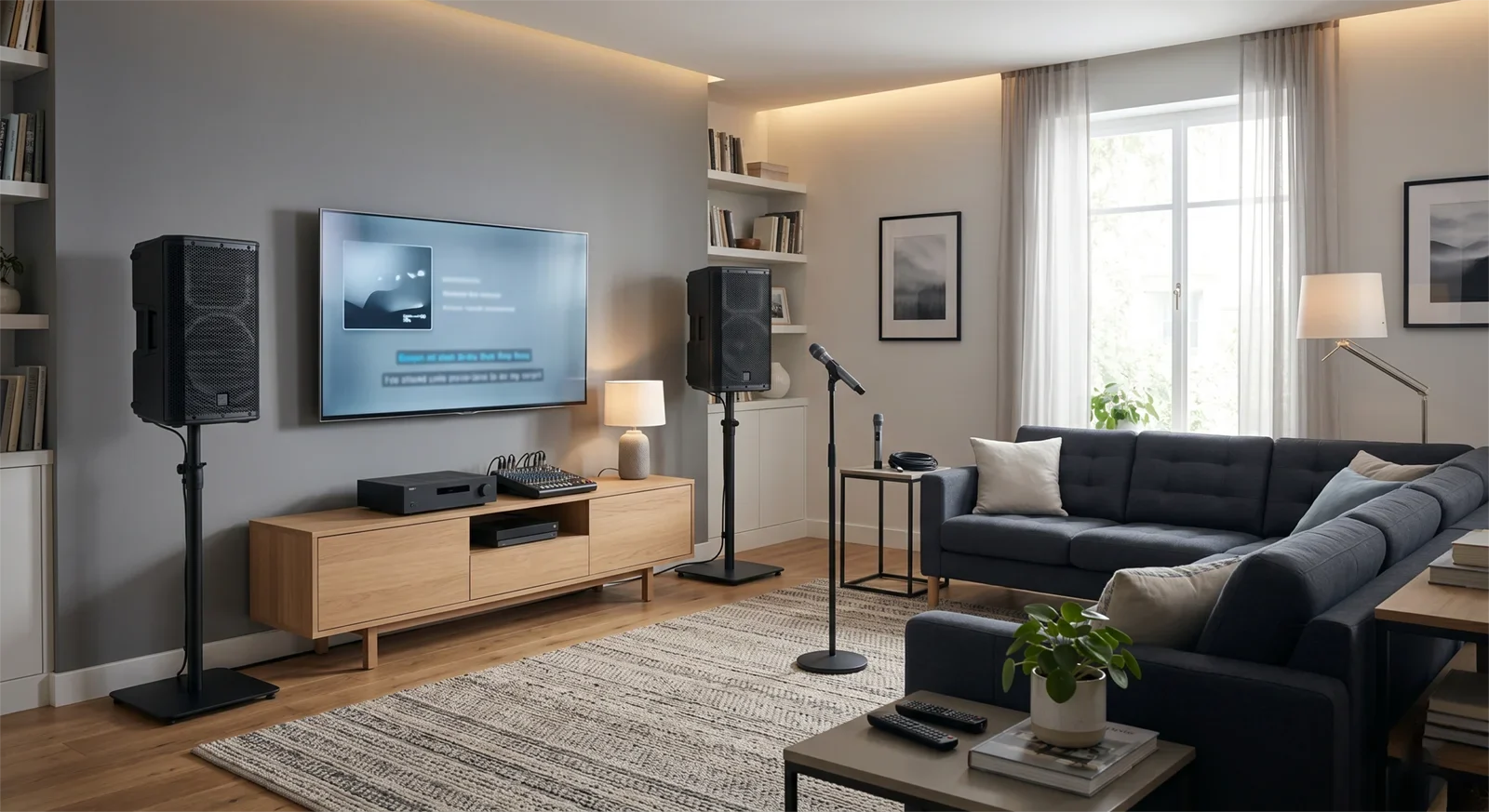 Large open living room karaoke setup with bigger speakers, wider seating space, microphones, and controlled speaker coverage.