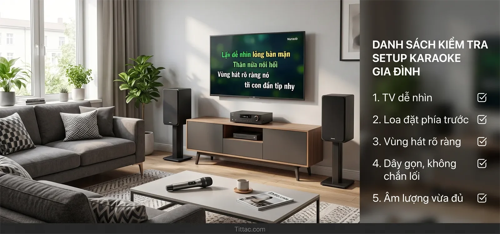 Checklist setup karaoke phòng khách gồm TV dễ nhìn, loa đặt phía trước, vùng hát rõ ràng, dây gọn và âm lượng vừa đủ.
