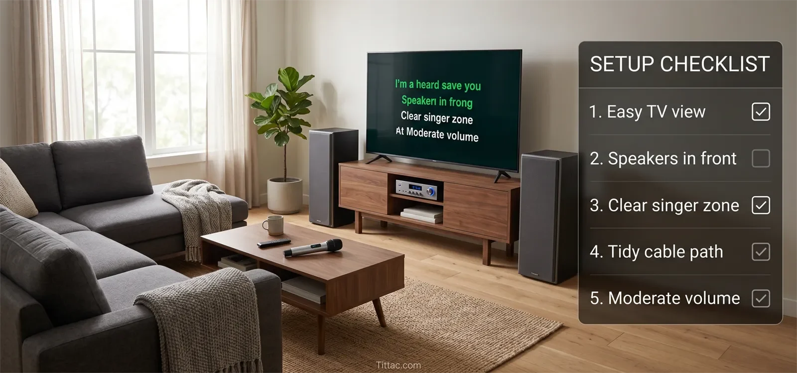 Living room karaoke setup checklist showing easy TV view, speakers in front, clear singer zone, tidy cable path, and moderate volume.