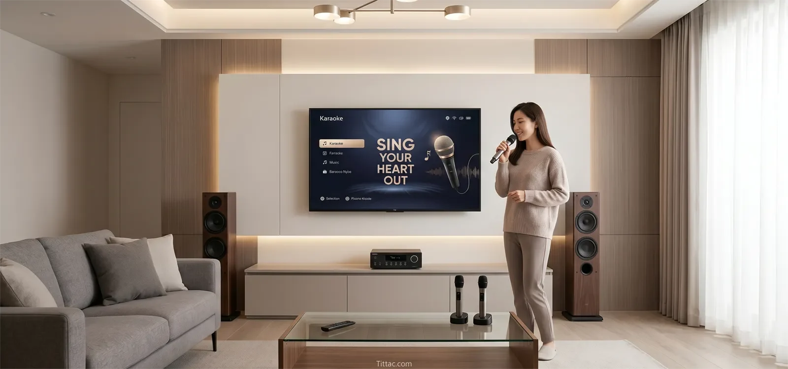 Living room karaoke setup with a centered TV, karaoke speakers, wireless microphones, sofa, and clear walking space.