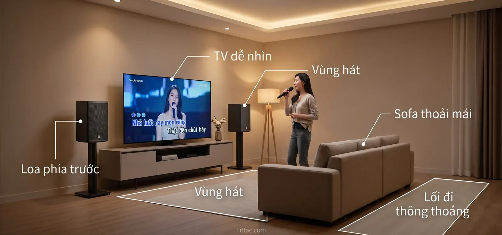 Minh họa bố cục karaoke phòng khách với TV dễ nhìn, loa phía trước, vùng hát rõ ràng, sofa thoải mái và lối đi thông thoáng.
