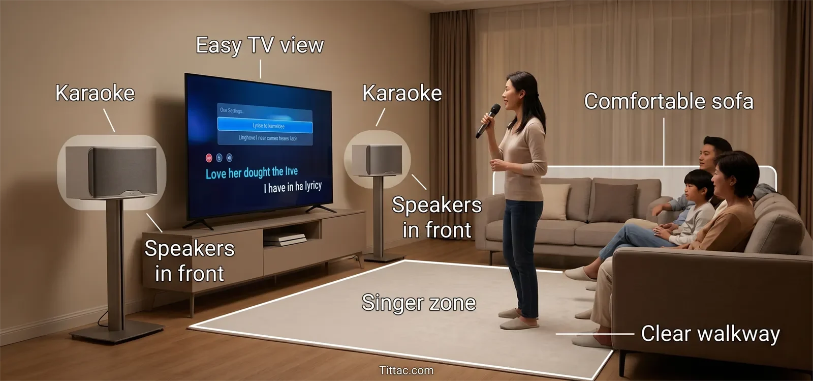 Living room karaoke layout showing an easy TV view, speakers in front, a clear singer zone, comfortable sofa, and open walkway.