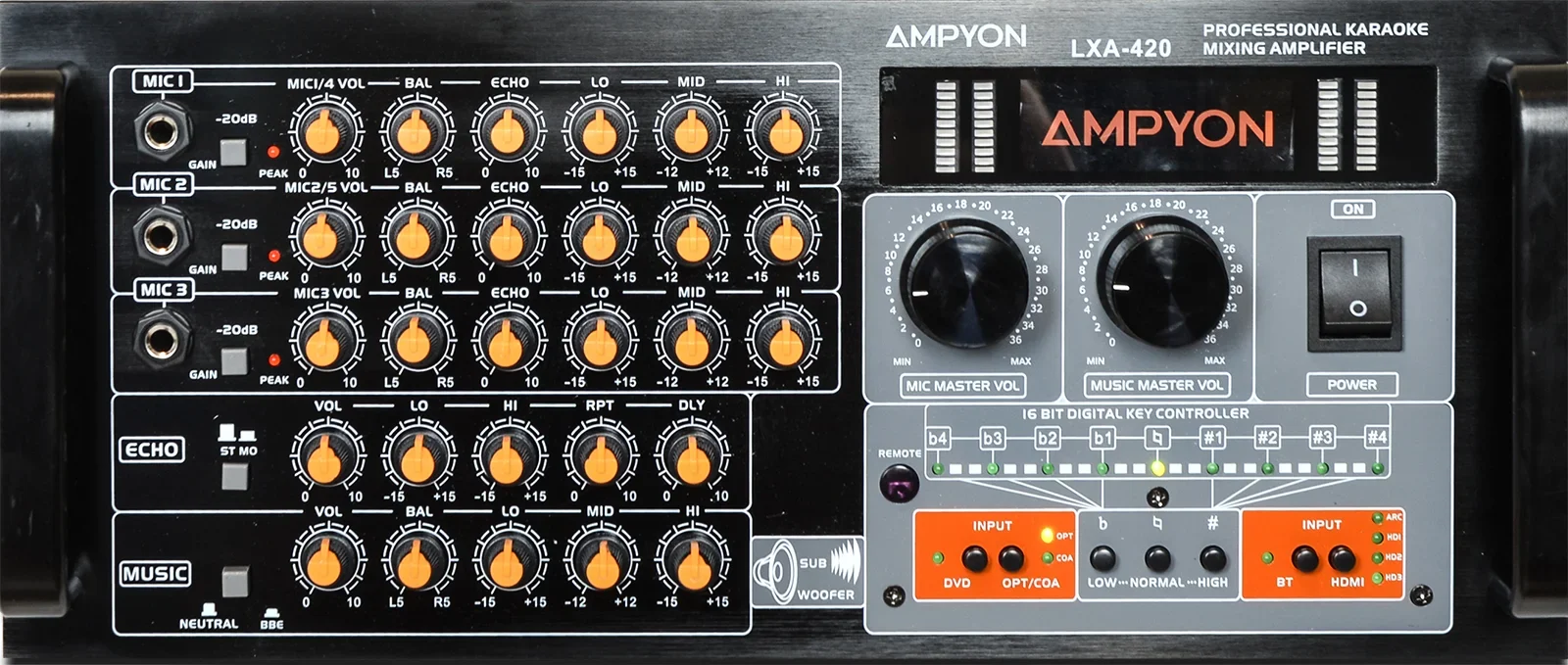 Ampyon LXA-420 front control panel with microphone echo music controls and digital display