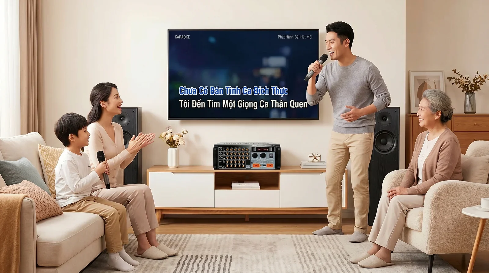Ampyon LXA-420 karaoke mixing amplifier in a home karaoke entertainment room setup