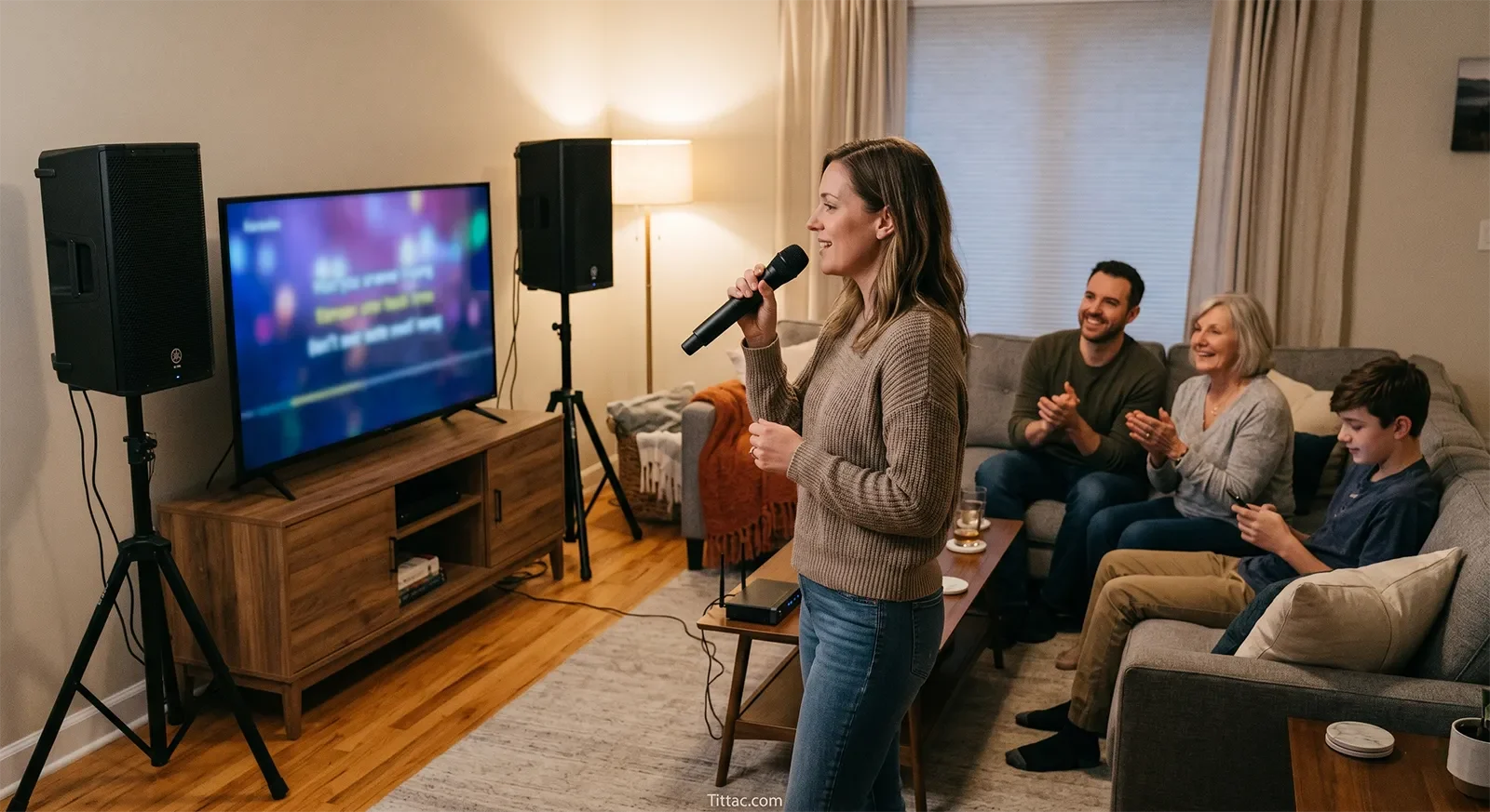 Người hát giữ góc micro phù hợp để giọng karaoke rõ và gọn hơn